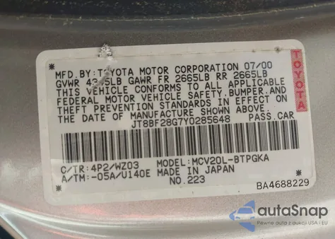 2000 Lexus Es 300 from USA, damaged, VIN JT8BF28G7Y0285648